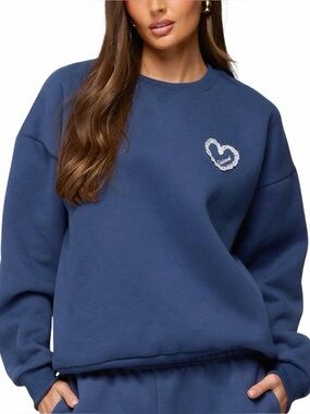 EDIKTED women’s Navy Heart Crewneck Sweatshirt with lace heart. Size M